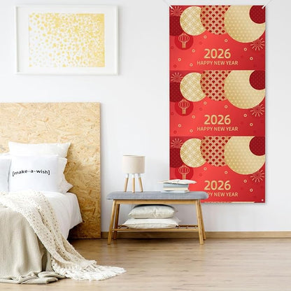 Year Of The Horse Happy Chinese New Year 2026 Door Cover Decorations Banner Flag Welcome Hanging Backdrop Sign Party Background Decor Holiday Supplies 35 * 72 Inches