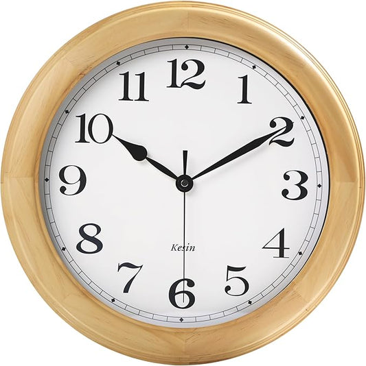 Kesin Wooden Wall Clocks 14 Inch Silent Wall Clock Large Decorative Battery Operated Non Ticking Analog Modern Clock for Living Room Kitchen Bedroom, Natural Grain