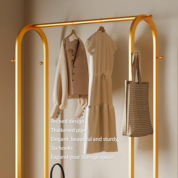 heavy duty clothes rack,gold clothing rack with bottom shelves and 6 side hooks,Metal garment rack for hanging clothes for Bedroom