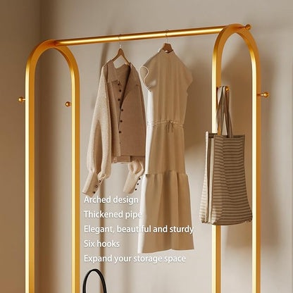 Sturdy heavy duty clothes rack,Gold clothing rack with bottom shelves and 6 side hooks,Metal garment rack for hanging clothes