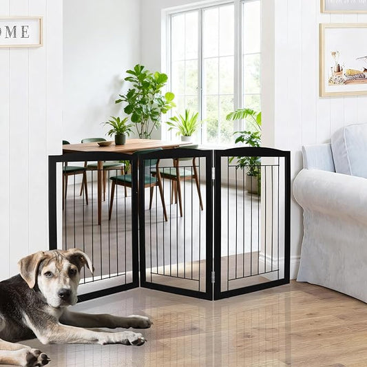 ZJSF Freestanding Foldable Dog Gate for House Extra Wide Wooden Black Puppy Gate Stairs Dog Gates Doorways Tall Pet Gate 3 Panels Pet Fence