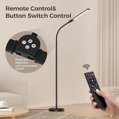 LED Floor Lamp for Living Room, Bright Reading Lamps for Office, Adjustable Colors Temperatures&Brightness, Dual Head Gooseneck Standing Lamp, Remote and Button Control，Eye-Caring Tall Lamp, Black