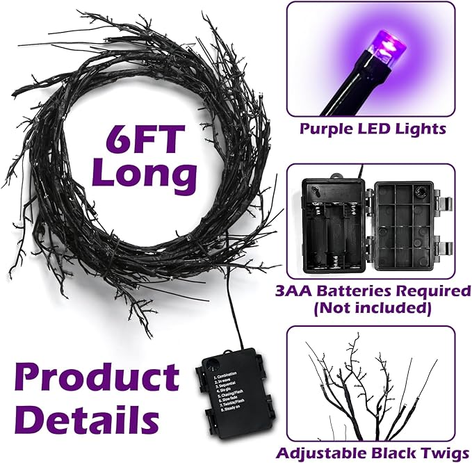 6 Ft 54 LED Halloween Willow Vine Twig Decor Garland with 8 Modes Timer Waterproof Battery Operated Scary Halloween Decorations for Home Wall Mantle Fireplace Decor