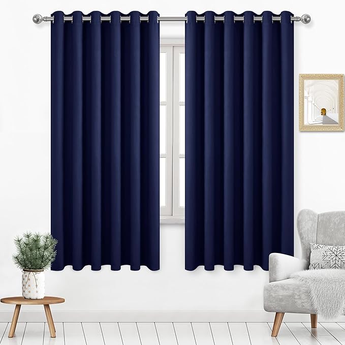DWCN Blackout Curtains 63 Inch Length, Room Drakening Drapes for Bedroom, Solid Grommet Living Room Extra Wide Panels, Navy Blue, W70 x L63 Inch, 2PCS