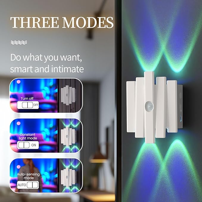 Motion Sensor Night Light,Motion Sensor Light Indoor,USB Type-C Charging,Magnetic Mount,Colorful neon Colors Change,Wall lamp,Battery Operated Wall Sconce for Bedroom,Bathroom