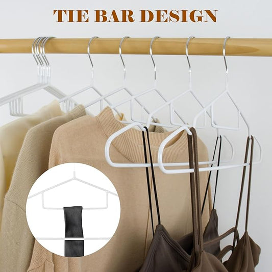 Clothes Hangers, 50Pack Black Metal Hangers with Tie Bar,Non-Slip Heavy Duty Hanger with Shoulder Notches for Dress and Camisole,15.7'W Shirt Hanger（White）