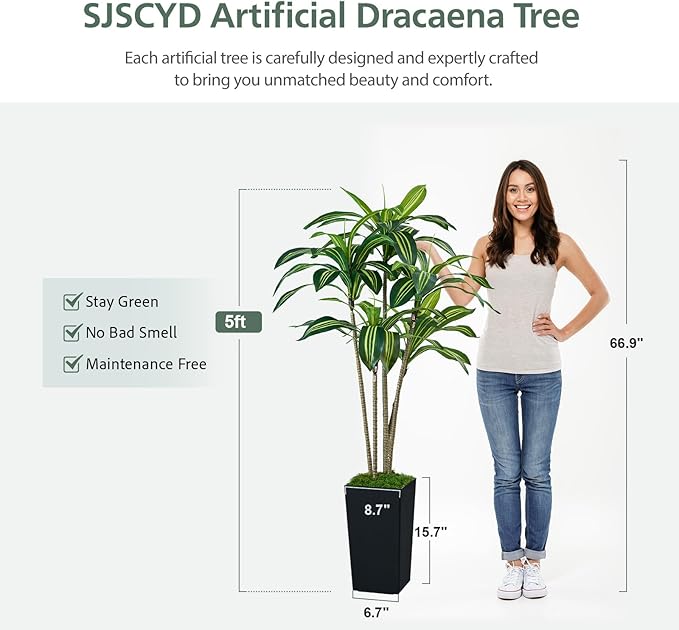 Artificial Dracaena Tree 5FT, Faux Tree with Black Tall Planter, Fake Yucca Tree Tall Faux Plants Indoor, Floor Plant for Home Office Living Room Garden Decor Outdoor, Housewarming Gift