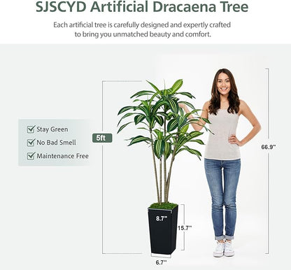 Artificial Dracaena Tree 5FT, Faux Tree with Black Tall Planter, Fake Yucca Tree Tall Faux Plants Indoor, Floor Plant for Home Office Living Room Garden Decor Outdoor, Housewarming Gift