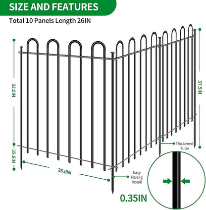 Metal Decorative Garden Fence, 26" Wide x 32" High (9 Panels + 1 Gate) Total Length 21.6 ft, No Dig Dog Fence Outdoor for Yard, Rustproof Animal Barrier Fencing, Garden Edging Border for Yard