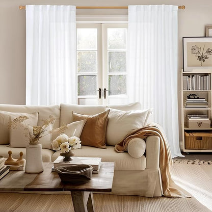 YoungsTex White Linen Curtains 95 Inches Long for Living Room Rod Pocket Light Filtering Window Drapes Floor Length for Bedroom Dining Room Back Tab, 52 X 95 Inch, 2 Panels