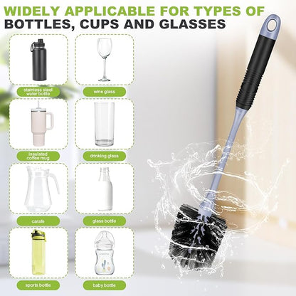 Long Handle Bottle Brush, Reusable Water Bottle Cleaner Brush, Flexible Scrub Brush for Water Bottles, Glasswares, Mugs, Thermos, Black, 2 Pack