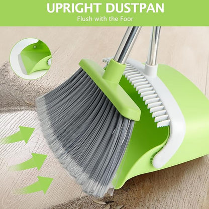 Broom and Dustpan Set, Dustpans with Broom Combo for Home, Heavy Dust Broom and Dustpan Combo, Long Handle Dust Pan and Broom Set for Kitchen, Office, Pet Hair(Gray Green)