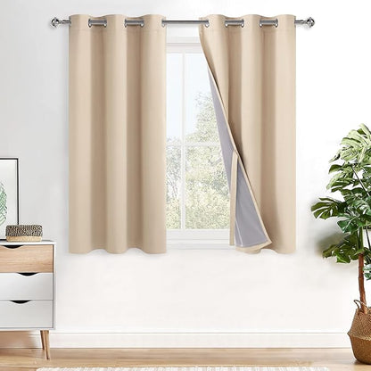XWZO Complete Blackout Shades Window Curtain Panels with Tiebacks- Noise Reduction and Light Blocking Grommet Curtains with Black Liner for Studio, Basement, Biscotti Beige, W38 x L45, Set of 2