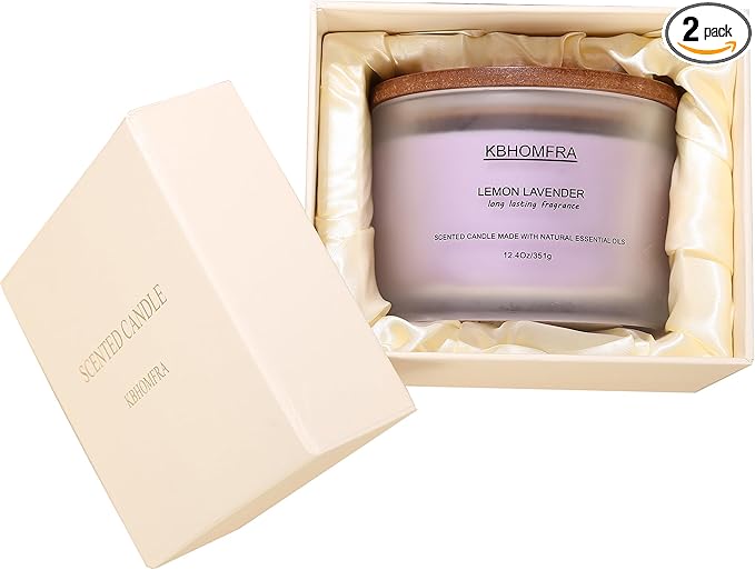 Scented Soy Wax Candle, 12.4 Oz Glass Jar, 70+ Hours Burn Time, Natural Essential Oils, Cotton Wick, Long Lasting Fragrance, Modern Contemporary Style (Lemon Lavender 2Pack)