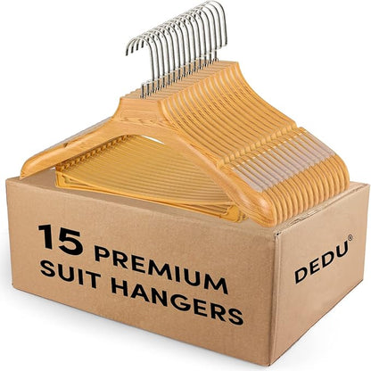 DEDU Suit Hangers for Men 15 Pack Width 17.5", Coat Hangers No Shoulder Bump Non Slip, Plastic Extra Wide Shoulder with Pants Bar & Metal Hook (Natural)