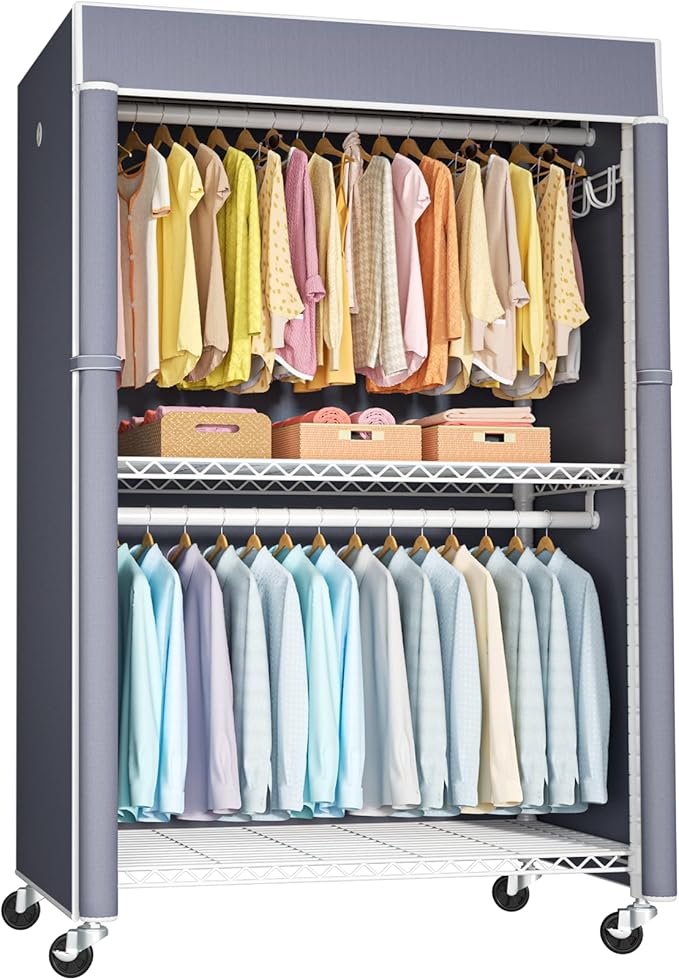 White Clothing Rack with Grey Cover, P1C Plus Rolling Closets with Wheels, Metal Garment Rack for Hanging Clothes, Clothing Storage Wardrobe, 46" W x 18.5" D x 80.7" H, Load 524 Pounds
