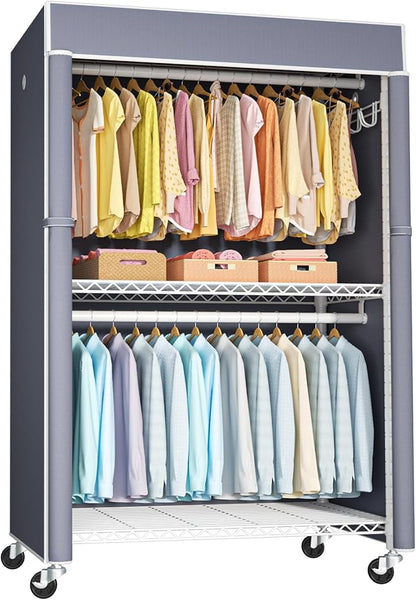 White Clothing Rack with Grey Cover, P1C Plus Rolling Closets with Wheels, Metal Garment Rack for Hanging Clothes, Clothing Storage Wardrobe, 46" W x 18.5" D x 80.7" H, Load 524 Pounds