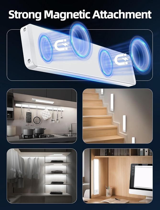 Under Cabinet Motion Sensor Lighting: 12 Inch Dimmable Rechargeable Lights Indoor - Battery Operated Lights - Undercabinet Closet Light Magnetic Led Light for Kitchen Home Bathroom Counter 3 Pack
