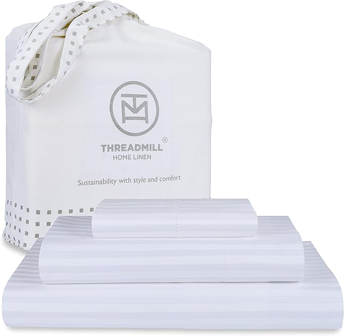 Threadmill 100% Cotton Sheets for Twin Size Bed - 600 Thread Count Twin Bed Sheets Set with 15” Deep Pocket - Damask Stripe Sateen Weave 3-Piece Bedding Set with Cooling Effect, White