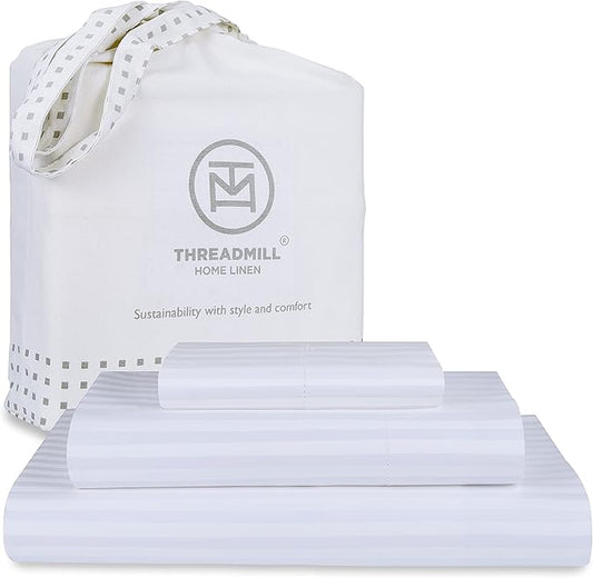 Threadmill 100% Cotton Sheets for Twin Size Bed - 600 Thread Count Twin Bed Sheets Set with 15” Deep Pocket - Damask Stripe Sateen Weave 3-Piece Bedding Set with Cooling Effect, White