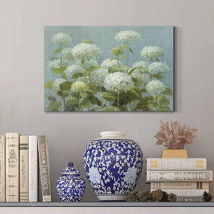 Wexford Home Home Decor Landscape Canvas Wall Art Abstract Floral Painting Modern Pictures Artwork Decoration for Living Room Kitchen Bathroom Office, Ready to Hang, White Hydrangea Garden, 18x27