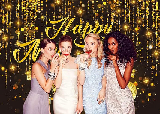 2026 Happy New Year Backdrop Black Gold New Years Eve Photography Background Gold Glitter Backdrop for 2026 New Year Party Decorations (7x5FT（210x150cm）)