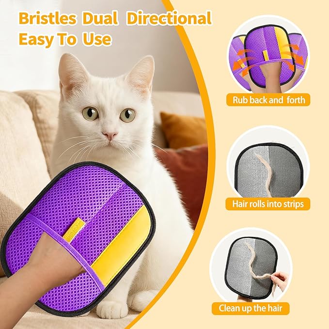 Pet Hair Removal Glove - Electrostatic Reusable Magic Brush Glove for Dog & Cat Hair Removal on Furniture, Car Seats, Clothes & Bedding (Purple)