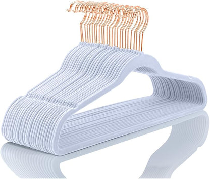 MIZGI Premium Velvet Hangers (50 Pack) Heavy Duty - Non Slip Felt Hangers - Velvet Suit Hanger Light Blue - Rose Gold Hooks,Space Saving Clothes Hanger