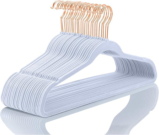 MIZGI Premium Velvet Hangers (50 Pack) Heavy Duty - Non Slip Felt Hangers - Velvet Suit Hanger Light Blue - Rose Gold Hooks,Space Saving Clothes Hanger