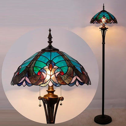 Tiffany Floor Lamp Green Liaison Stained Glass Standing Reading Light 16X16X70 Inches Antique Pole Corner Lamp Decor Bedroom Office Living Room