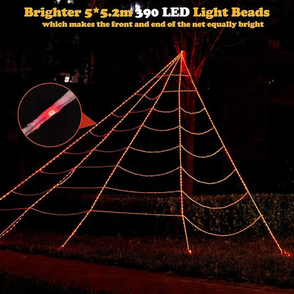 390 LED Halloween Spider Web Lights Decor, 5m Giant Net Lights with 26m Light Chain & Remote Control (8 Light Modes & Timer), Decoration for Garden Indoor Outdoor, Red