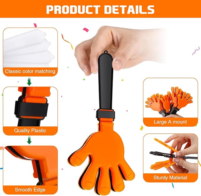 Junkin 48 Pcs Hand Clappers Bulk 7. 5 x 3. 5 Inches Noise Makers Party Favors Clapping Noise Maker Clacker for Birthdays Game Prizes Rewards Football Sporting Events Cheers Supplies (Orange,Black)
