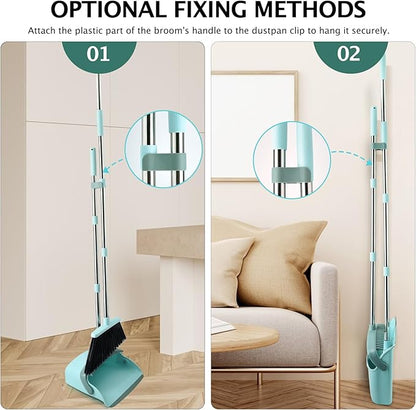 Broom and Dustpan Set, Dustpans with Broom Combo for Home, Heavy Dust Broom and Dustpan Combo, Long Handle Dust Pan and Broom Set for Kitchen, Office, Pet Hair,Green, Pack of 1