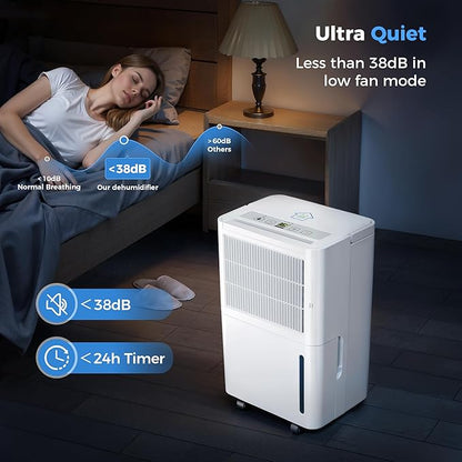2,500 Sq Ft Home Dehumidifier with Drain Hose, 74 OZ Water Tank, 24 Hr Timer, 3 Modes High Efficiency Compressor for Basement, Bedrooms, Bathrooms and Laundry Rooms
