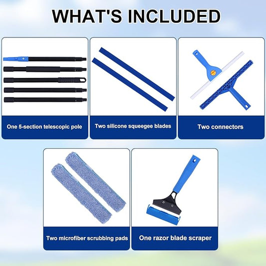 3-in-1 Professional Window Squeegee Kit with 2 Squeegee, 2 Microfiber Scrubber, 1 Razor Scraper, Thick Iron, 77.5" Window Squeegee with Extension Pole for Car, Glass, Mirror, Wall, Bathroom, Home, Van