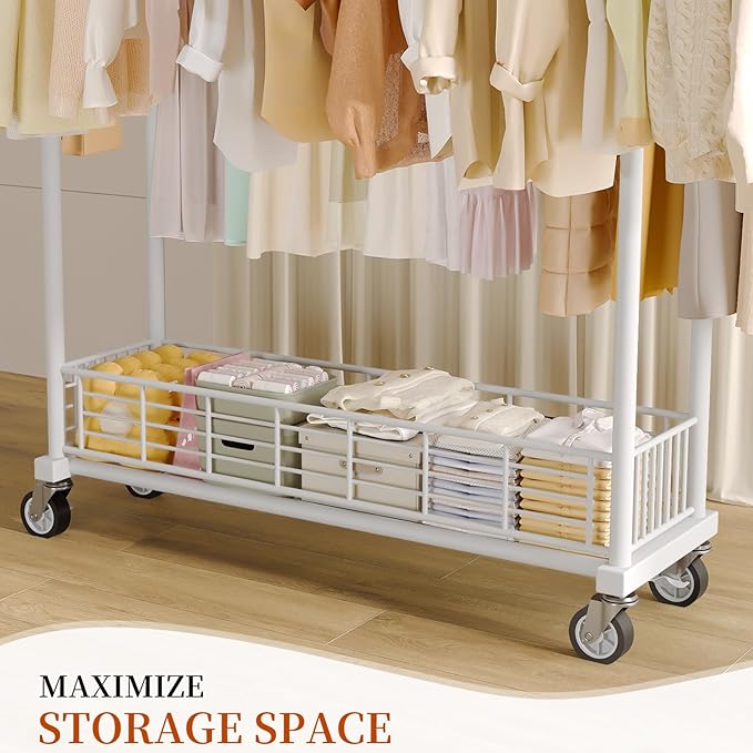 Heavy Duty Clothes Rack - Double Rod Clothing Racks with Wheels, Portable & Adjustable Garment Rack for Hanging Clothes, Rolling Clothes Rack Load 670LBS for Bedrooms, Laundry, Closet (White)