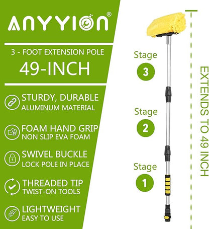 Anyyion 49inch Car Wash Brush with 10 Inch Soft Bristle, On/Off Switch for Car Truck Boat Washing Brush, Perfect for Cleaning House Siding, Auto Cars, Trucks, SUV, RV, Floors and More!