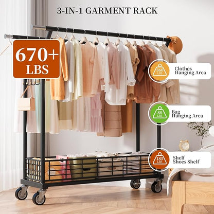 Heavy Duty Clothes Rack - Double Rod Clothing Racks for Hanging Clothes, Portable & Adjustable Garment Rack with Wheels, Rolling Clothes Rack Load 670LBS for Bedrooms, Laundry, Closet (Black)