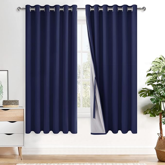 XWZO 100% Blackout Curtains with Tiebacks- Extra Wide Full Shade Window Drapes Thermal Insulated Double Layer with Black Liner for Bedroom/Living Room, Grommet Top, Navy Blue, W70 x L63, Set of 2