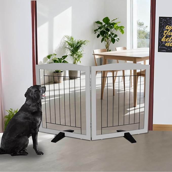 ZJSF Freestanding Dog Fence Indoor, Foldable Dog Gate for Doorways, Stairs or Hallways, Sturdy Wood Extra Wide Pet Gate with Support Feet for The House, Grey, 24 "Height-2 Panels