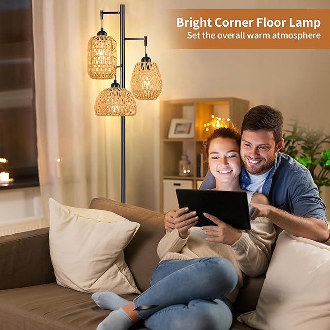 Boho Floor Lamp for Living Room Bedroom,Farmhouse Floor Lamps with 3 Rattan Wicker Shades,Rustic Black Vintage Standing Lamp Light 68" Tall Tree Floor Lamp for Office,Reading,Corner
