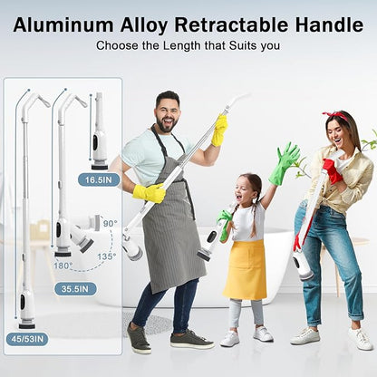 Electric Spin Scrubber, 2025 Upgraded Cordless Bathroom Scrubber, Aluminum Alloy Telescopic Handle, Shower Cleaner Brush with LED Display, 3 Speeds, 8 Brush Heads, IPX7 Bathtub Electric Cleaning Tool