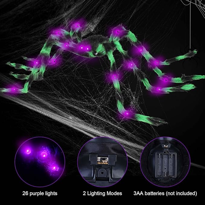 Halloween Spider Decorations 4ft Light Up Coloful Giant Spider(2 Pack) for Indoor Outdoor Halloween Decorations Yard Party House Décor