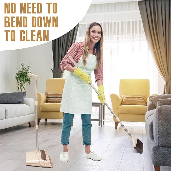 Broom and Dustpan Set with 57.4 Inch Adjustable Stainless Steel Handle, Upright Foldable Design, Beige and Brown, Heavy Duty with Built-in Teeth