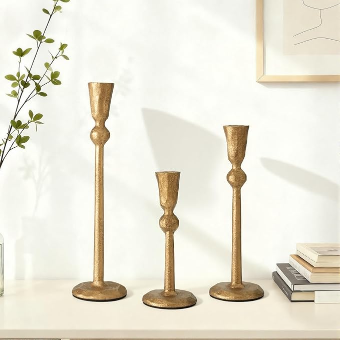 Set of 3 Antique Brass Taper Candle Holders Iron Candlestick Holder for Table Centerpieces Wedding Holiday Decor Vintage Decorative Candelabra Style Candle Stick Stand