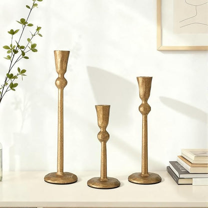 Set of 3 Antique Brass Taper Candle Holders Iron Candlestick Holder for Table Centerpieces Wedding Holiday Decor Vintage Decorative Candelabra Style Candle Stick Stand