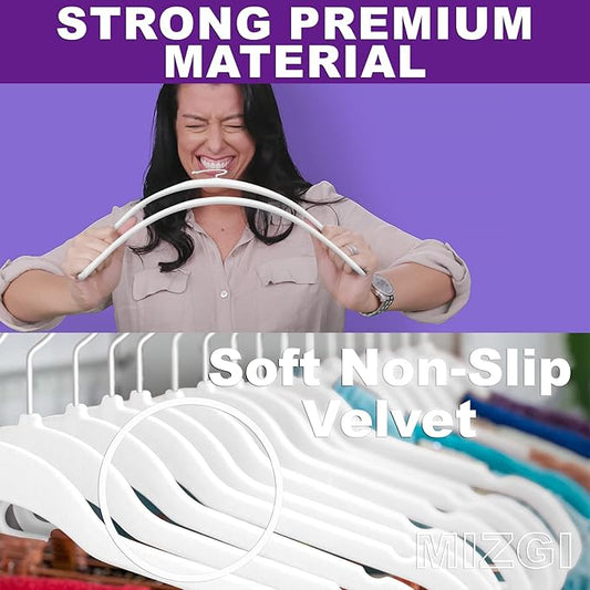 MIZGI Premium Velvet Hangers (50 Pack) Heavy Duty - Non Slip Felt Hangers - Velvet Suit Hanger White - White Coated Hooks,Space Saving Clothes Hanger