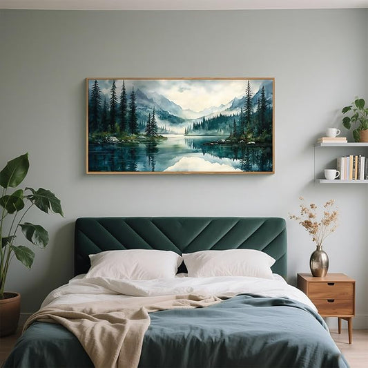 HLNIUC Green Foggy Forest Mountain Wall Art Framed,Large Boho Watercolor Pine Tree Wall Decor (20"x40"), Nature Dark Lake Landscape Scenery Canvas Painting for Living Room, Bedroom, Office