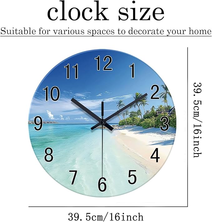 XFM Big Wall Clock Battery Operated Beach Coastal Wall Clocks 16 Inch Silent Non-Ticking Tropical Seascape Glass Wall Clock for Living Room Bedroom Kitchen Decor
