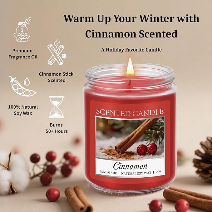 Homsolver Cozy Cinnamon Candle Scented Strong, Christmas Candles Cinnamon Stick Apple Scented with 50+ Hours of Burn Time, Fall & Winter Christmas Candles Gifts & Hoilday Home Décor